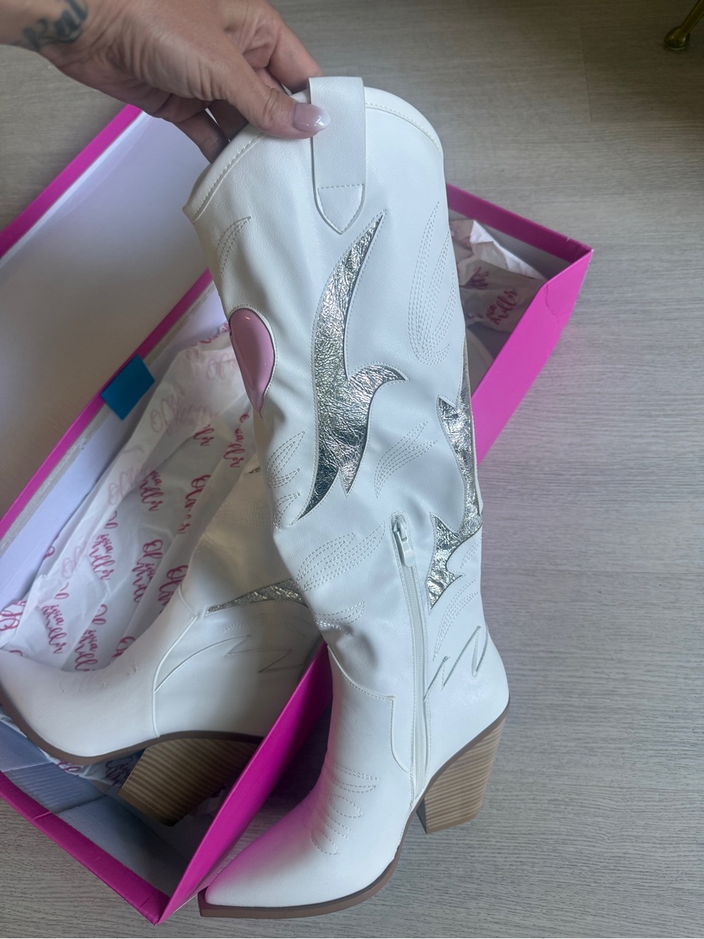 White Western Knee-High Boots with Silver Accents